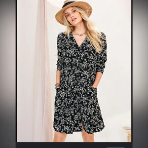 Garnet Hill Black Floral Drop Waist Button Up Dress Sz 10